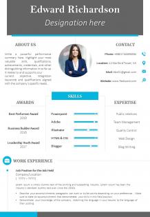Professional resume cv template with rewards skills and expertise