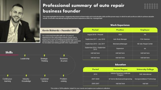 Professional Summary Of Auto Repair Auto Repair Shop Business Plan BP SS