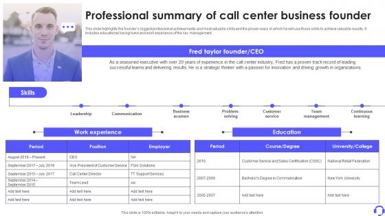 Professional Summary Of Call Center Business Founder Outbound Call Center Business Plan BP SS