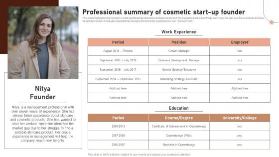 Professional Summary Of Cosmetic Start Up Founder Beauty Business Plan BP SS