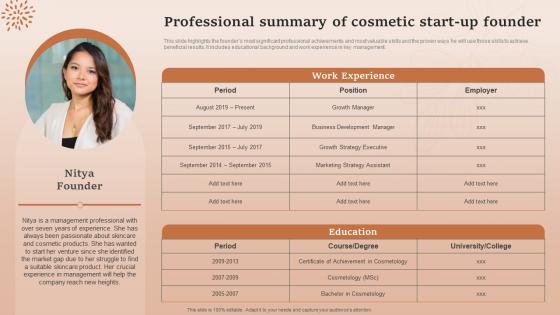 Professional Summary Of Cosmetic Start Up Founder Natural Cosmetic Business Plan BP SS
