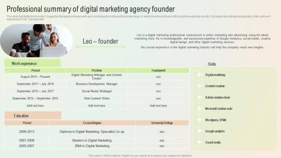 Professional Summary Of Digital Marketing Agency Founder Start A Digital Marketing Agency BP SS
