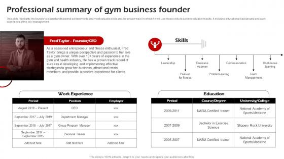 Professional Summary Of Gym Business Founder Fitness Center Business Plan BP SS