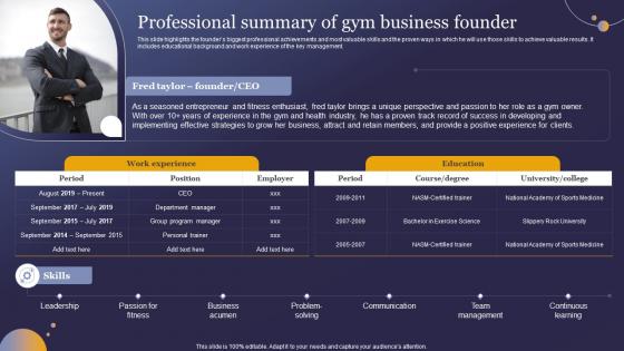 Professional Summary Of Gym Business Founder Wellness Studio Business Plan BP SS