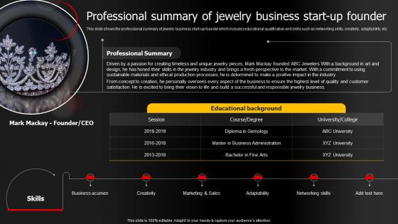 Professional Summary Of Jewelry Business Jewelry Products Business Plan BP SS