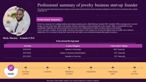Professional Summary Of Jewelry Business Start Up Founder Ornaments Photography Business BP SS