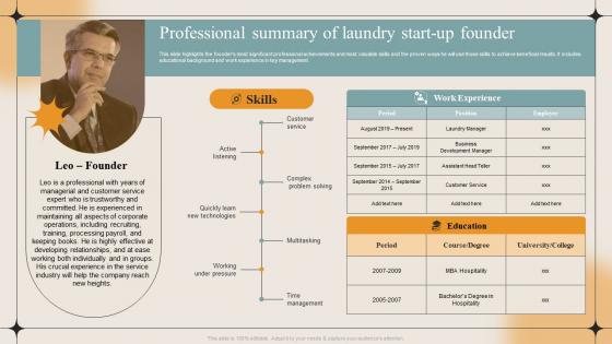 Professional Summary Of Laundry Start Up Founder Laundry Business Plan BP SS