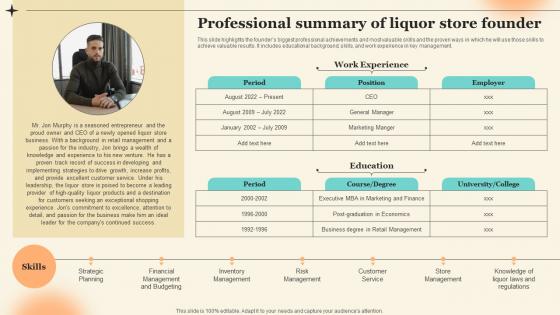 Professional Summary Of Liquor Store Founder Discount Liquor Store Business Plan BP SS