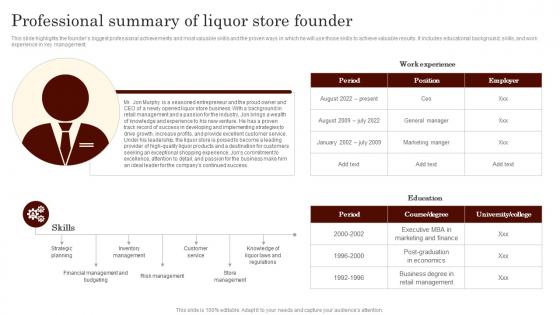 Professional Summary Of Liquor Store Founder Specialty Liquor Store BP SS