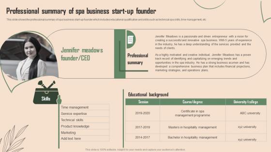 Professional Summary Of Spa Business Start Up Founder Beauty Spa Business Plan BP SS