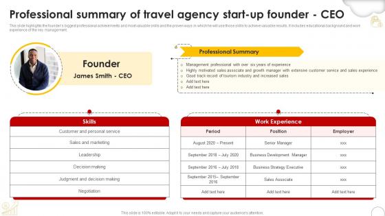 Professional Summary Of Travel Agency Start Up Founder Ceo Group Travel Business Plan BP SS