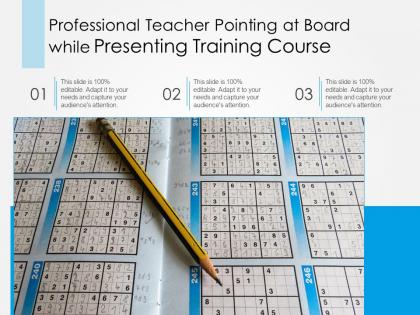 Professional teacher pointing at board while presenting training course