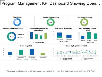 Program management kpi dashboard showing open issues and risk rating