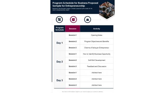 Program Schedule For Business Proposal Sample For Entrepreneurship One Pager Sample Example Document