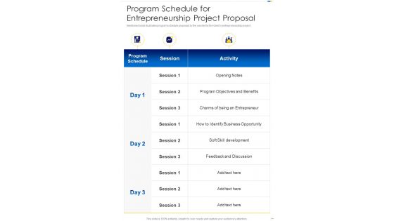 Program Schedule For Entrepreneurship Project Proposal One Pager Sample Example Document