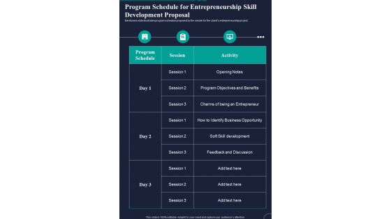 Program Schedule For Entrepreneurship Skill Development Proposal One Pager Sample Example Document