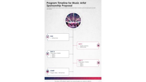 Program Timeline For Music Artist Sponsorship Proposal One Pager Sample Example Document