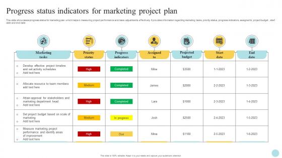 Progress Status Indicators For Marketing Project Plan