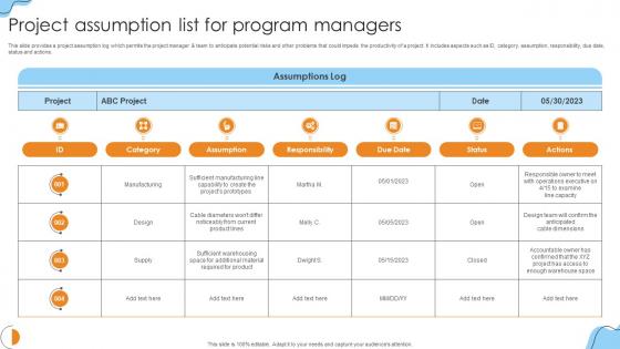 Project Assumption List For Program Managers
