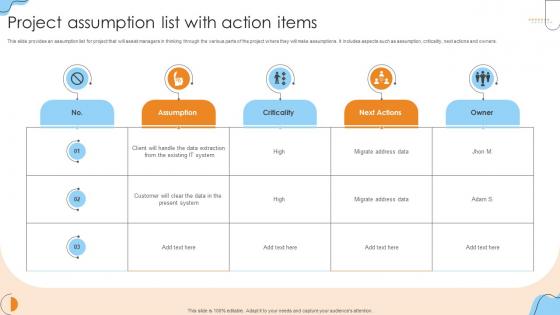 Project Assumption List With Action Items