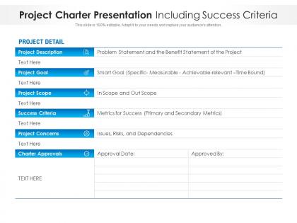 Project charter presentation including success criteria