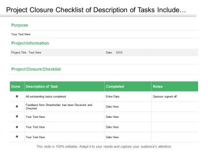 Project closure checklist of description of tasks include notes and date of completion