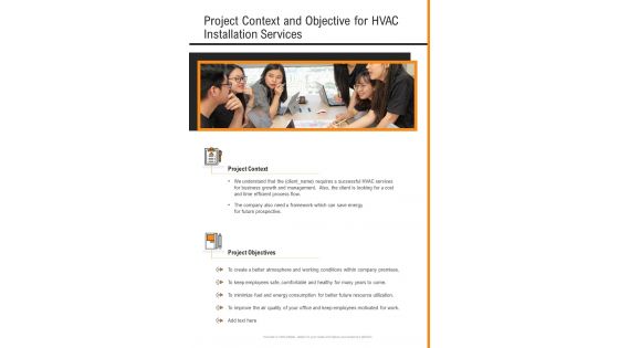 Project Context And Objective For HVAC Installation Services One Pager Sample Example Document
