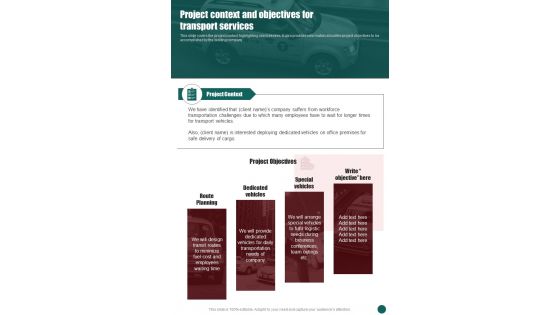 Project Context And Objectives Business Proposal For Transport One Pager Sample Example Document