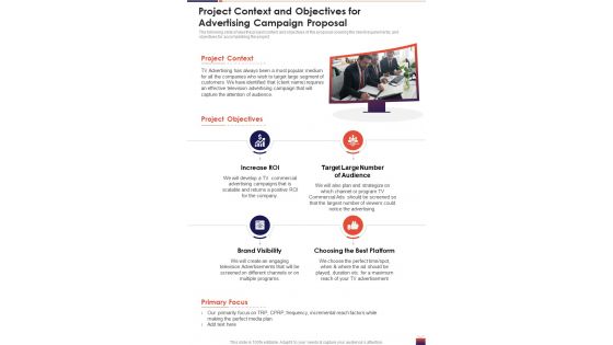 Project Context And Objectives For Advertising Campaign One Pager Sample Example Document