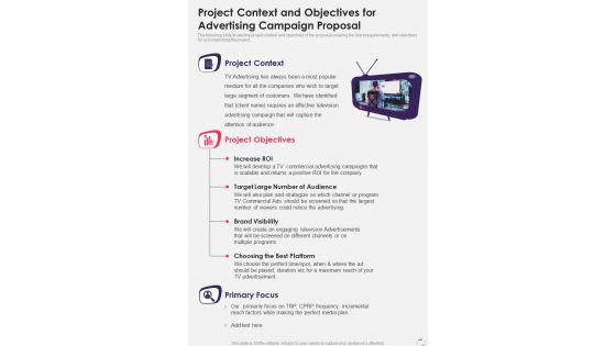 Project Context And Objectives For Advertising Campaign Proposal One Pager Sample Example Document