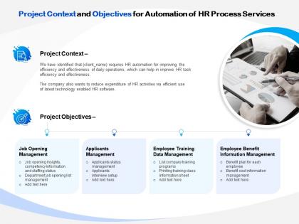 Project context and objectives for automation of hr process services ppt clipart