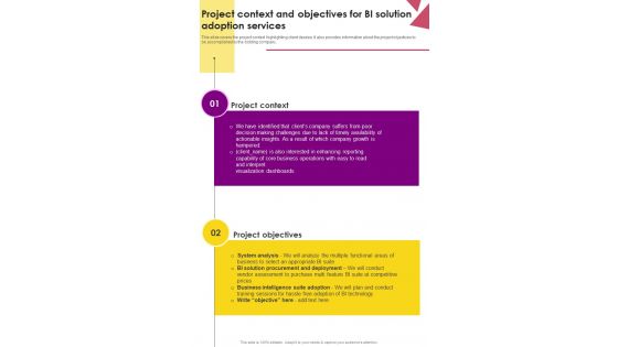 Project Context And Objectives For BI Solution Adoption One Pager Sample Example Document