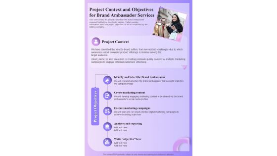 Project Context And Objectives For Brand Ambassador Services One Pager Sample Example Document