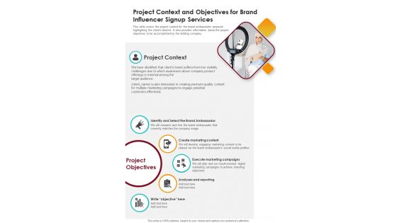 Project Context And Objectives For Brand Influencer Signup One Pager Sample Example Document