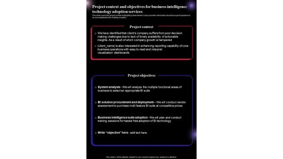 Project Context And Objectives For Business Intelligence Technology One Pager Sample Example Document