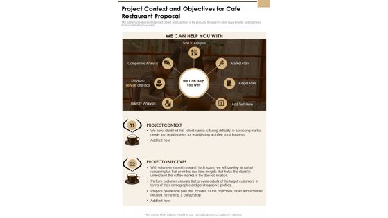 Project Context And Objectives For Cafe Restaurant One Pager Sample Example Document