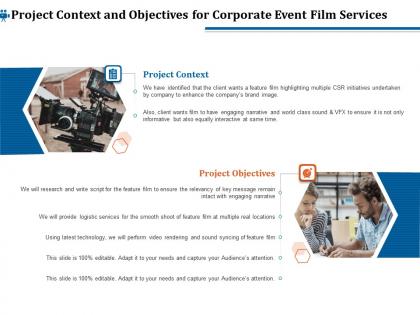 Project context and objectives for corporate event film services ppt file display