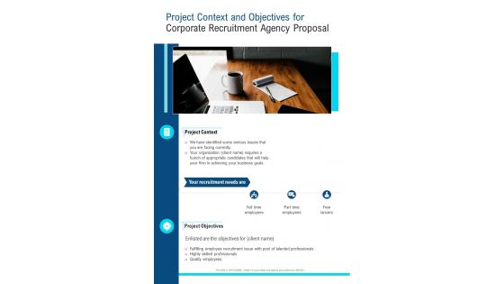 Project Context And Objectives For Corporate Recruitment Agency One Pager Sample Example Document