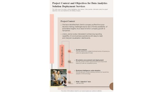 Project Context And Objectives For Data Analytics Solution One Pager Sample Example Document