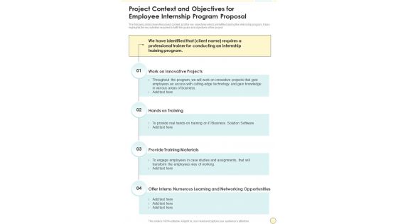 Project Context And Objectives For Employee Internship Program One Pager Sample Example Document