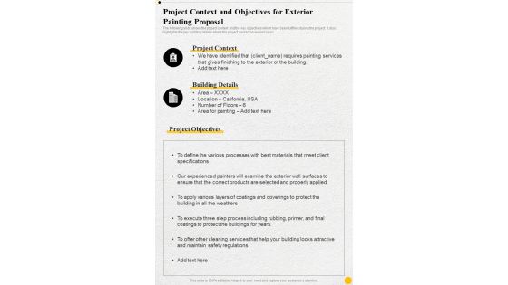 Project Context And Objectives For Exterior Painting One Pager Sample Example Document