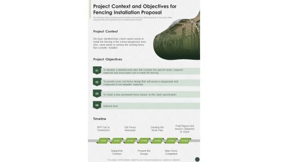 Project Context And Objectives For Fencing Installation Proposal One Pager Sample Example Document