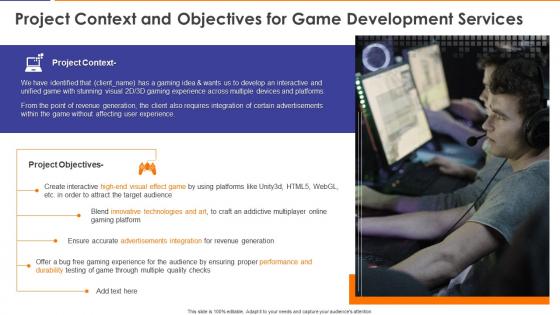 Project context and objectives for game development services ppt slides icon