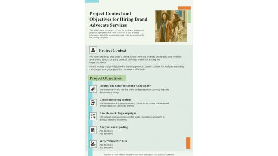 Project Context And Objectives For Hiring Brand Advocate One Pager Sample Example Document