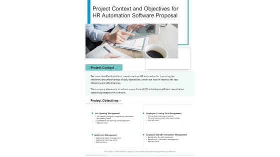 Project Context And Objectives For HR Automation Software One Pager Sample Example Document