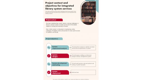 Project Context And Objectives For Integrated Library System One Pager Sample Example Document