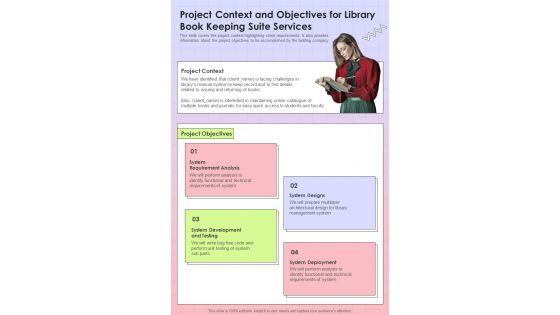 Project Context And Objectives For Library Book Keeping Suite One Pager Sample Example Document