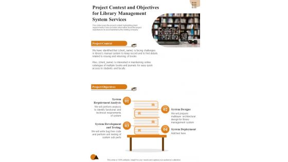 Project Context And Objectives For Library Management System One Pager Sample Example Document