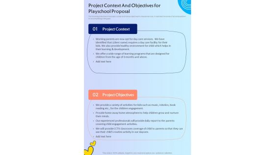 Project Context And Objectives For Playschool Proposal One Pager Sample Example Document