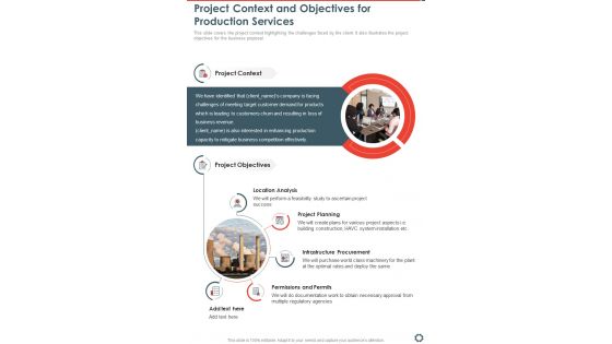 Project Context And Objectives For Production Services One Pager Sample Example Document
